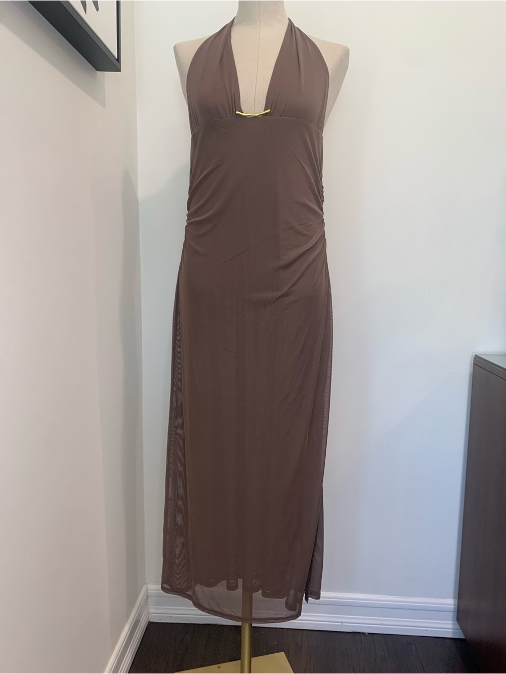 NWT Caroline Constas Women’s Brown Salma Halter Midi Coverup Dress. Size M
